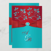 Red Turquoise Floral PRINTED Ribbon Wedding Invite (Front/Back)