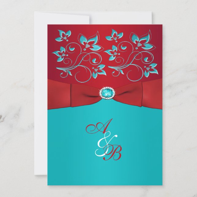 Red Turquoise Floral PRINTED Ribbon Wedding Invite (Front)