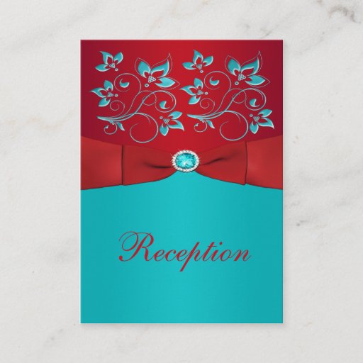 Customizable Red, Turquoise Floral Reception Enclosure Card Business Card Templates