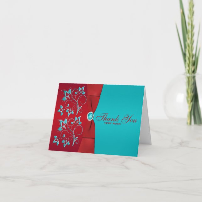 Red, Turquoise Floral Thank You Card (Front)