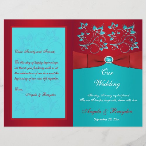 Red Turquoise Floral Wedding Program