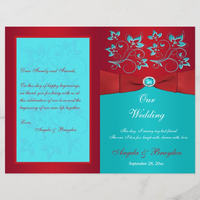 Red, Turquoise Floral Wedding Program (Front)