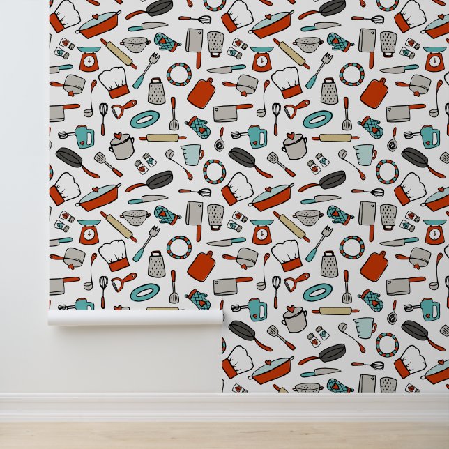 Red Turquoise Hand Drawn Cooking Utensils Kitchen Wallpaper (Application)