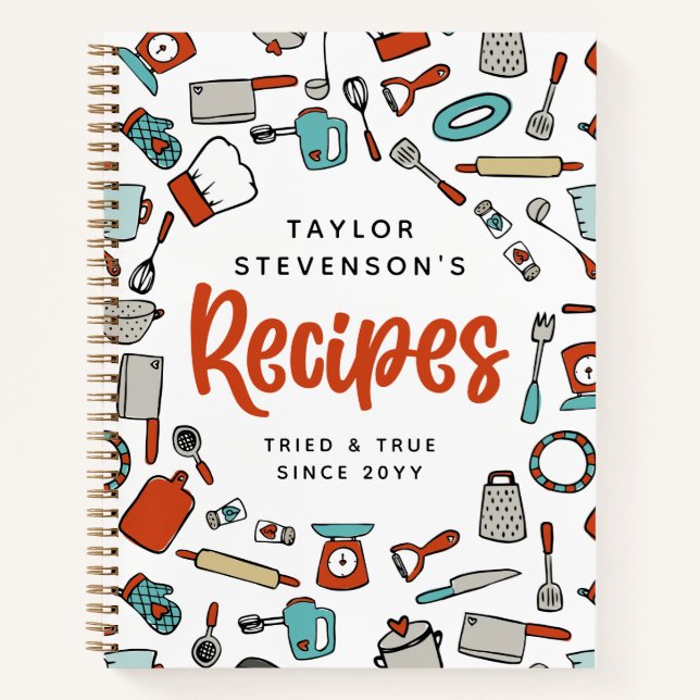Red Turquoise Hand Drawn Cooking Utensils Recipes Notebook (Front)