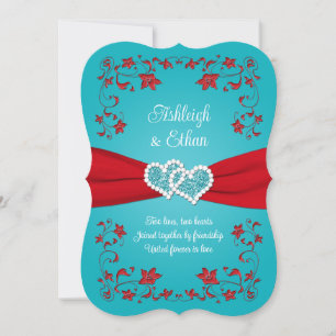 Red, Turquoise Love Hearts Wedding Invitation