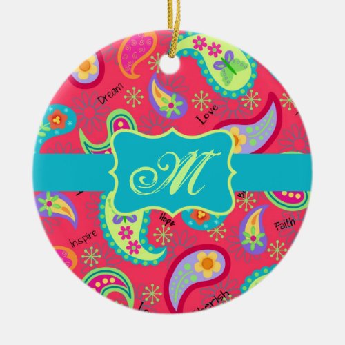 Red Turquoise Modern Paisley Pattern Monogram Ceramic Ornament