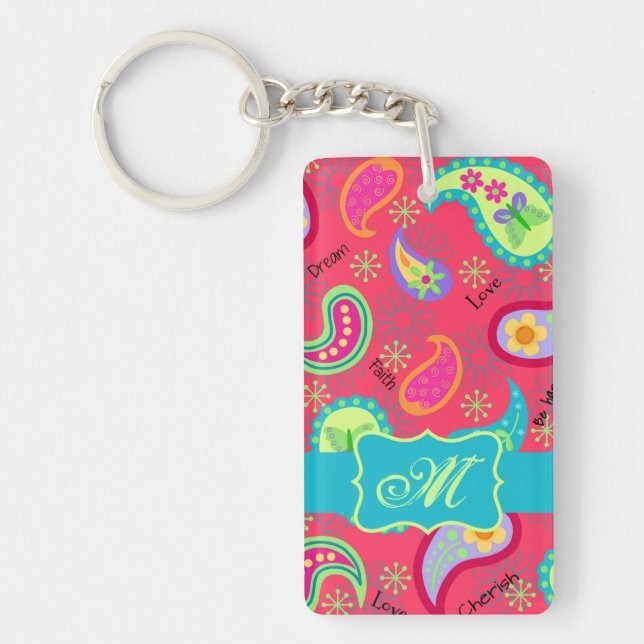 Red Turquoise Modern Paisley Pattern Monogram Keychain (Front)