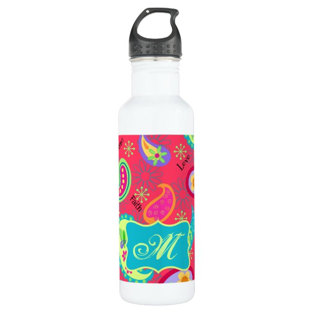 Red Turquoise Modern Paisley Pattern Monogram Stainless Steel Water Bottle (Front)