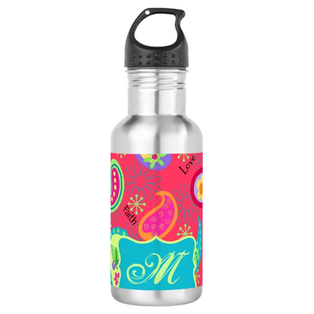 Red Turquoise Modern Paisley Pattern Monogram Stainless Steel Water Bottle (Front)
