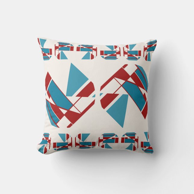 Red Turquoise Navy Bordered Mid-century Modern Throw Pillow (Front)