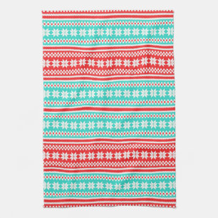 Red Turquoise Norwegian Christmas Sweater Pattern Kitchen Towel