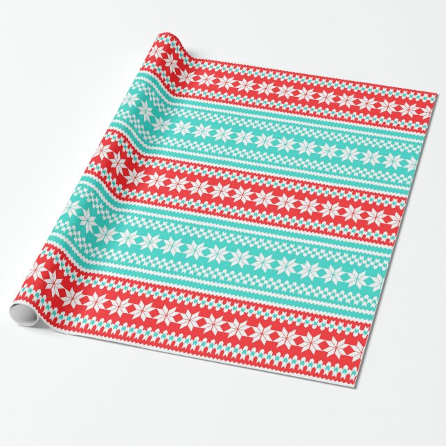Red Turquoise Norwegian Christmas Sweater Pattern Wrapping Paper (Unrolled)