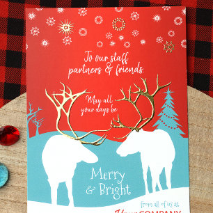 Red, Turquoise Office Holiday Card Rustic Reindeer