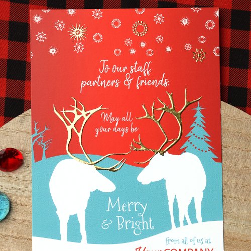 Red Turquoise Office Holiday Card Rustic Reindeer