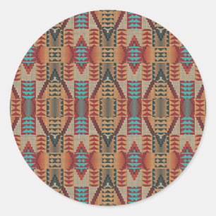 Red Turquoise Orange Brown Ethnic Pattern Art Classic Round Sticker