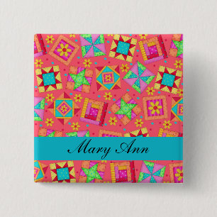 Red Turquoise Patchwork Quilt Name Badge Pinback Button