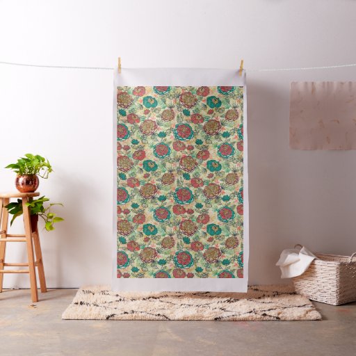 Red & Turquoise Peonies Floral Illustration Fabric
