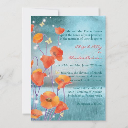 Red &amp; Turquoise Poppy Formal Floral Wedding Personalized Invitation