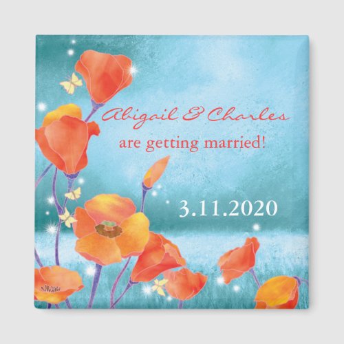 Red Turquoise Poppy Wedding Save the Date Magnet