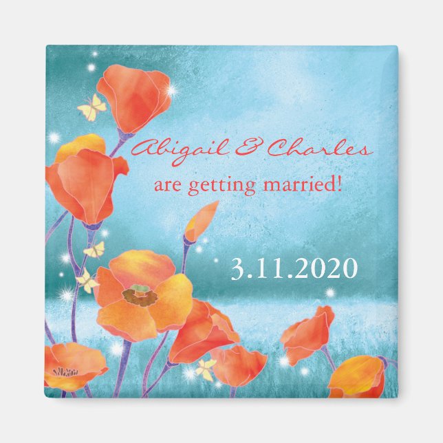 Red Turquoise Poppy Wedding Save the Date Magnet (Front)