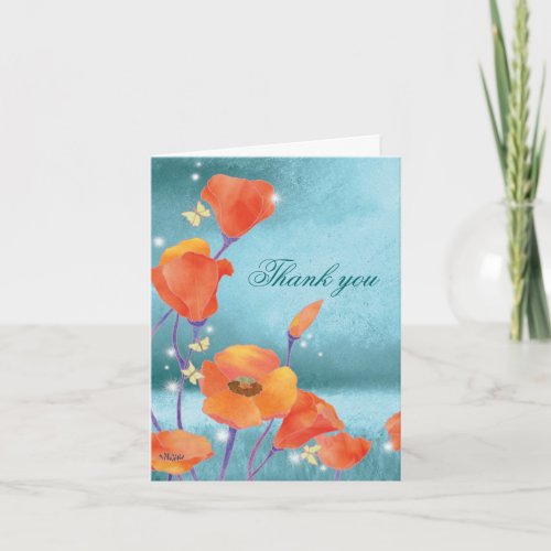 Red Turquoise Poppy Wedding Thank You Card