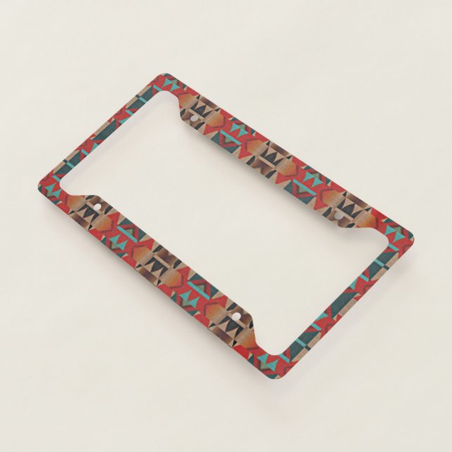 Red Turquoise Teal Blue Beige Brown Tribal Pattern License Plate Frame (3/4)