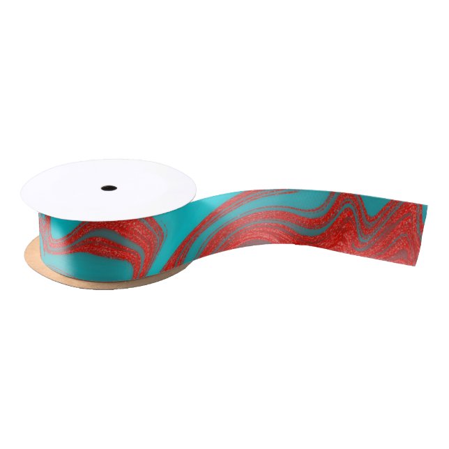 Red Turquoise Wavy Lines Satin Ribbon (Spool)