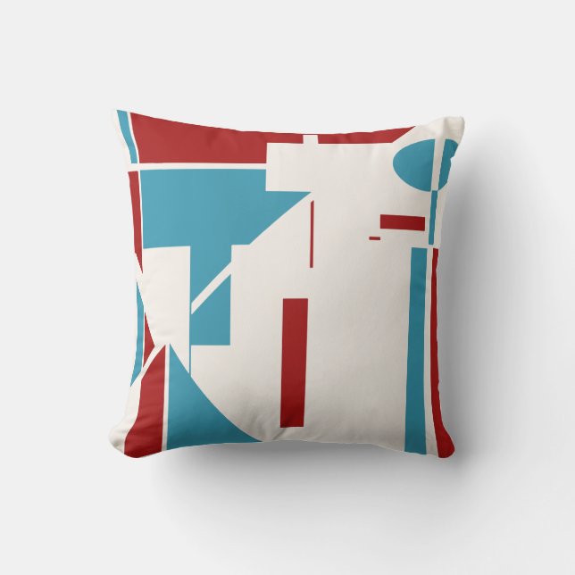 Red Turquoise White MCM-Inspired Geometric Design Throw Pillow (Front)