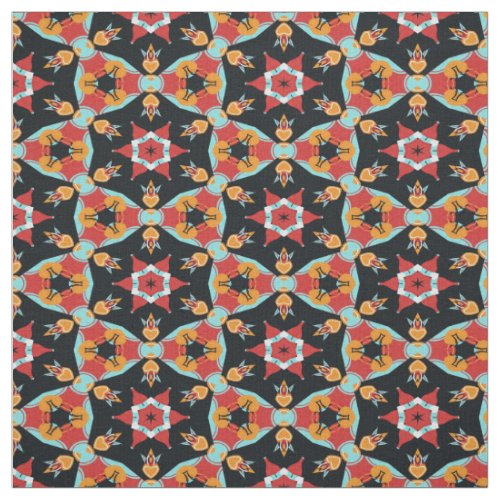 Red Turquoise Yellow Orange Mandala Star Pattern Fabric