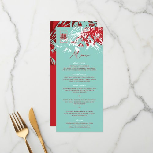 Red  Turquoise Zen Bamboo Leaves Chinese Wedding Menu