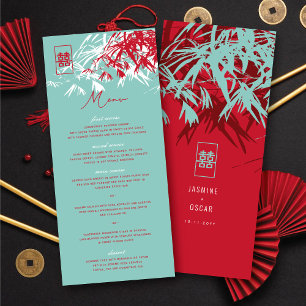 Red & Turquoise Zen Bamboo Leaves Chinese Wedding Menu