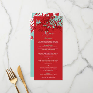 Red & Turquoise Zen Bamboo Leaves Chinese Wedding Menu