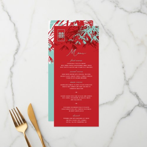 Red  Turquoise Zen Bamboo Leaves Chinese Wedding  Menu