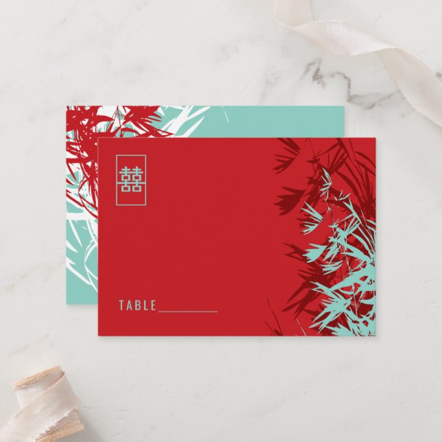 Red & Turquoise Zen Bamboo Leaves Chinese Wedding Place Card (Front/Back In Situ)