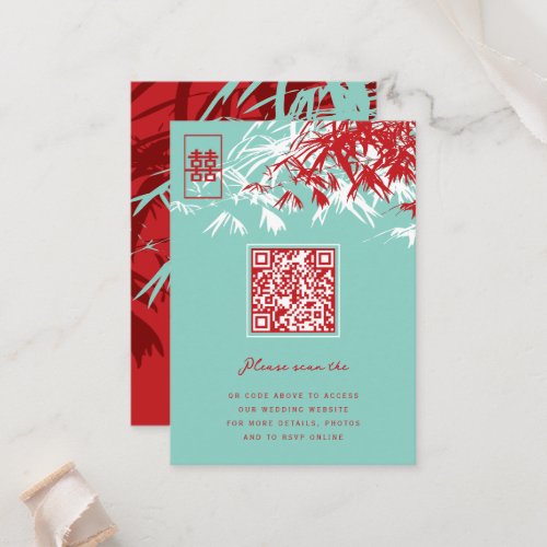 Red  Turquoise Zen Bamboo Leaves Chinese Wedding  Place Card