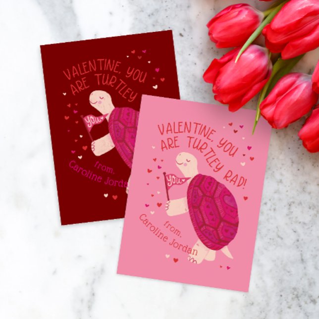 Red Turtle-y Rad School Classroom Kid Valentine Note Card (Rad Turtle themed classroom valentine cards in pink or red)