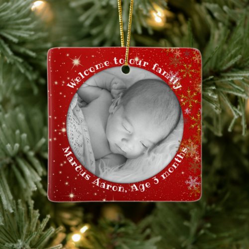 Red Twinkling First Christmas New Baby Photo Ceramic Ornament