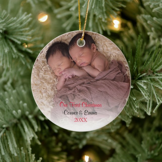 Red Twins Baby's First Christmas Photo Ceramic Ornament (Tree)