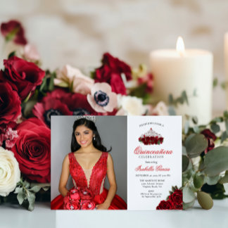 Red Two Photo Floral Quinceanera Invitation