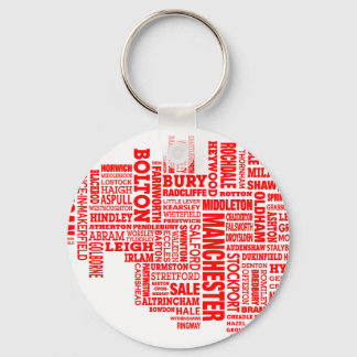 Red type map of Greater Manchester Keychain