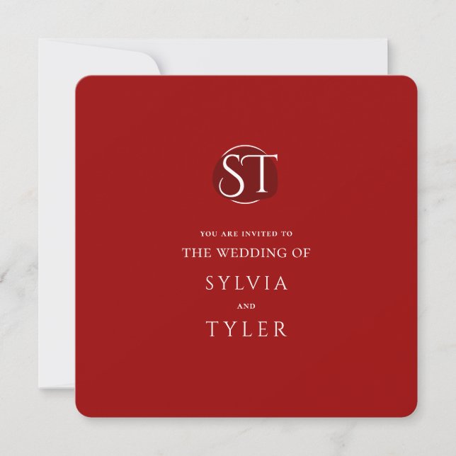 Red Typography Crest Monogram Wedding Invitation (Front)