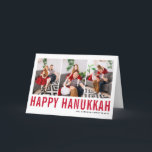Red Typography Happy Hanukkah Photo Collage  Holiday Card<br><div class="desc">Happy Hanukkah! Customizable Happy Hanukkah photo collage card featuring red simple typography and snow pattern. Personalize by adding three photos,  names,  year and other details. This modern Hanukkah card is available in other colors and cardstock.</div>