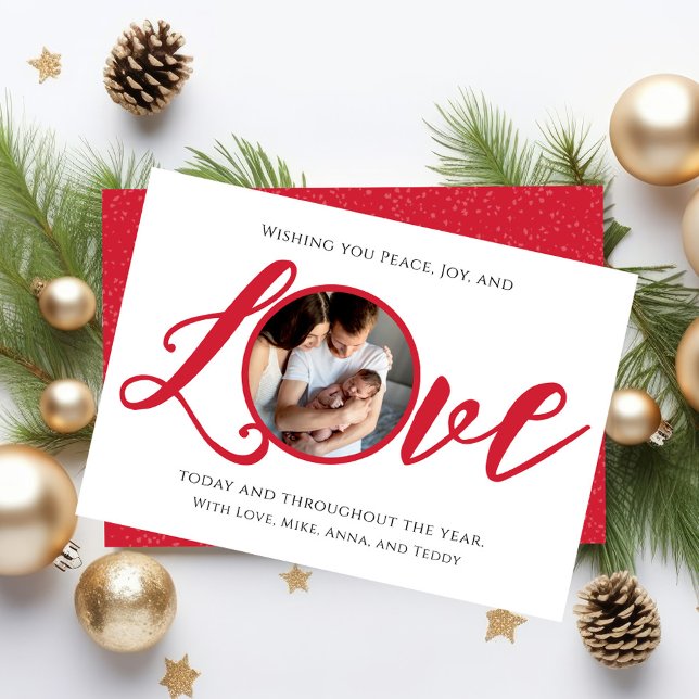 Red Typography Love Christmas Photo Custom Holiday Card (Christmas holiday "Love" typography greeting card with photo template. )