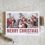 Red Typography Merry Christmas Photo Collage Holiday Card<br><div class="desc">Merry Christmas! Customizable Christmas photo collage card featuring red simple typography and snow pattern. Personalize by adding three photos,  names,  year and other details. This modern Christmas photo card is available in other colors and cardstock.</div>