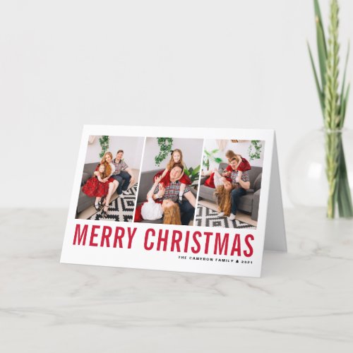 Red Typography Merry Christmas Photo Collage Holiday Card