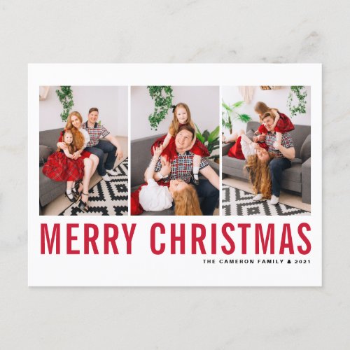 Red Typography Merry Christmas Three Photo Collage Holiday Postcard