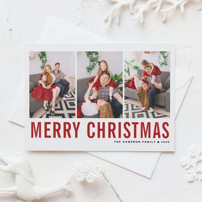 Red Typography Merry Christmas Three Photo Collage Holiday Postcard (Creator Uploaded)