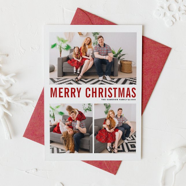 Red Typography Merry Christmas Three Photo Holiday Card (Modern Red Typography Three Photo Collage Merry Christmas Card)
