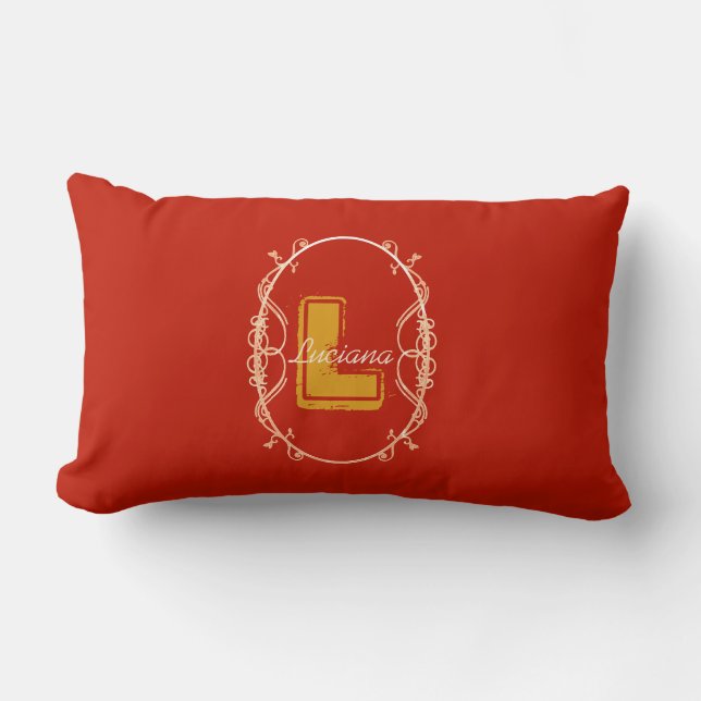 Red Typography Monogram Name Elegant Modern Lumbar Pillow (Front)