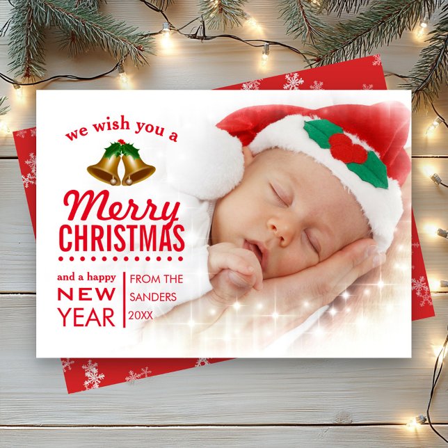 Red Typography Overlay Baby First Christmas Photo Holiday Card (Creator Uploaded)
